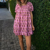 Floral Print Smocked Square Neck Short Puff Sleeve Mini Dress