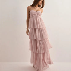 Strapless Tiered Hem Tube Tie Up Maxi Dress