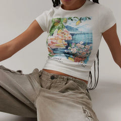 Italy Coast Graphic White Ribbed Top