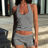 Black and White Stripe Halter Top And Shorts Set