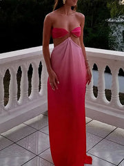 Red Ombré Low Cut Maxi Dress - A-Line Slim Fit