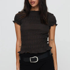 Smocked Short Sleeve Top - V-Neck Casual Tee