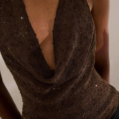 Brown Knit Sheer Halter Deep Neck Sequin Top