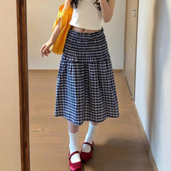 Blue Elastic High Waist Plaid Skirt - Casual A-Line
