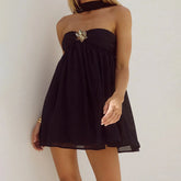 Ruffles Babydoll Strapless Metal Flower Mini Dress