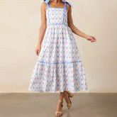 Effortless Printed Tiered Midi Dress - Square Neck with Tie Shoulder