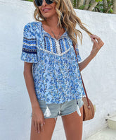 Tassel Tie Neck Floral Print Lace Trim Blouse