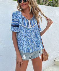 Tassel Tie Neck Floral Print Lace Trim Blouse
