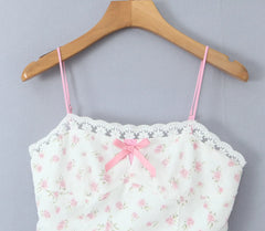 White With Pink Flower Mesh Bow Strappy Mini Dress