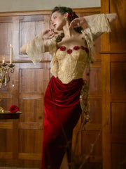 Red Drape Flower Corset Strapless Midi Dress