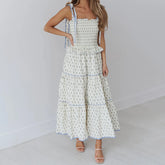 White Floral Print Tie-Up Smocked A-Line Long Dress - Square Neck