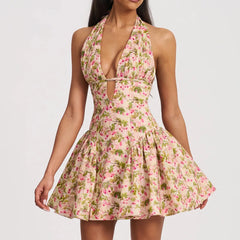 Floral Deep Halter Neck Mini Dress