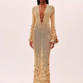 Beige Deep Neck Sequin Knitted Maxi Dress