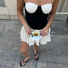 Black N White Strapless Pleated Mini Dress