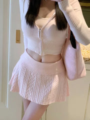 Pink Cable Knit Zipper Crop Top And Mini Skirt Set