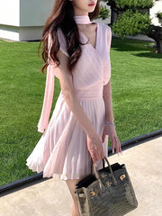 Pink Scarf V Neck Short Sleeve Pleated Wrap Mini Dress