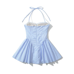Blue Striped Padded Corset Bow Halter Mini Dress