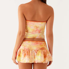 Printed Drawstring Tube Top And Mini Skirt Set