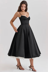 Satin Bustier Strap Tulle Midi Dress