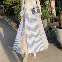 Lace Spliced Blue Plaid Long Skirt