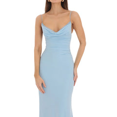 Solid Lace Trim Cowl Neck Maxi Dress