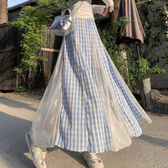 Lace Spliced Blue Plaid Long Skirt