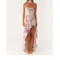 Strapless Printed Ruffles Midi Dress with Scarf