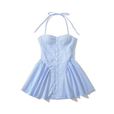 Blue Striped Padded Corset Bow Halter Mini Dress