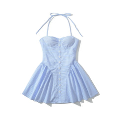 Blue Striped Padded Corset Bow Halter Mini Dress