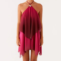 Red Gradient Halter Frill Wide Mini Dress