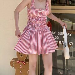 Striped Elastic Waist Frill Mini Dress