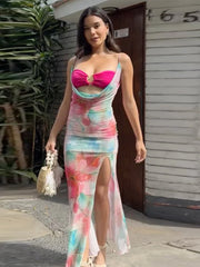 Floral Printed Mesh Bralette Maxi Dress