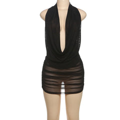 Mesh Cowl Deep Neck Halter Top and Mini Skirt Set