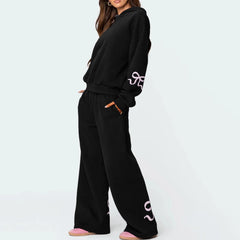 Bow Print Loose Fit Hoodie & Tracksuit Set - Women's Basics