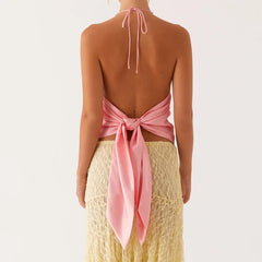 Floral Printed Halter Backless Tie Up Top