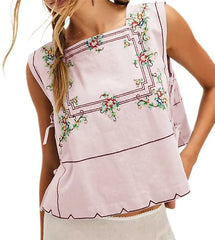 Embroidery Flower Side Tie Tank Top