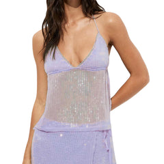 Sequin Sheer Open Back Tie Up Top