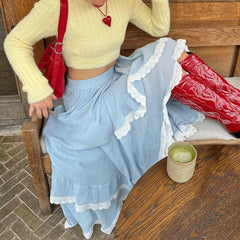 Ruffle Layered Lace Trim Maxi Skirt