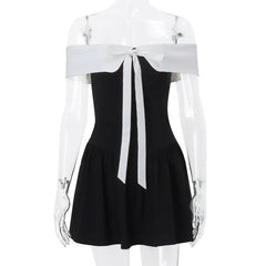 Bow Lace-up Black Off Shoulder Mini Dress