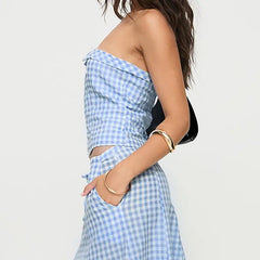 Blue Plaid Tube Top And Long Skirt Set