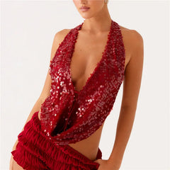 Deep Neck Sequin Halter Top �Backless Shine