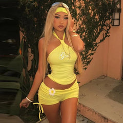 Halter Rhinestone Top & Drawstring Shorts Co-Ord Set - Streetwear Slim Fit