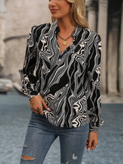 Notched Neck Casual Print Blouse