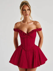 Red Off Sholder Ruffles Mini Dress