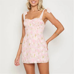 Pink Floral Tie Up Mini Dress - High Street Slim Fit