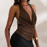 Brown Knit Sheer Halter Deep Neck Sequin Top