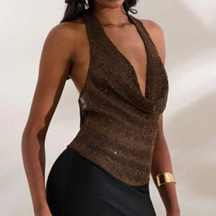 Brown Knit Sheer Halter Deep Neck Sequin Top