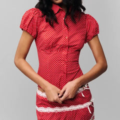 Button Down Lapel Top - Polka Dot Slim Fit