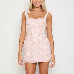 Pink Floral Tie Up Mini Dress - High Street Slim Fit