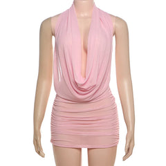 Mesh Cowl Deep Neck Halter Top and Mini Skirt Set